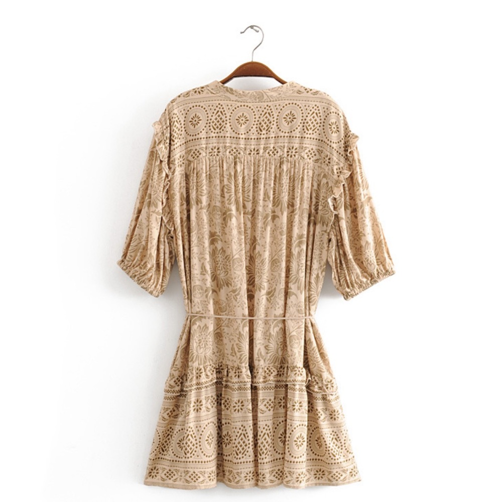 Boho 60’s Floral Gypsy Print Ruffle Dress Tan Nude - Picture 7 of 16